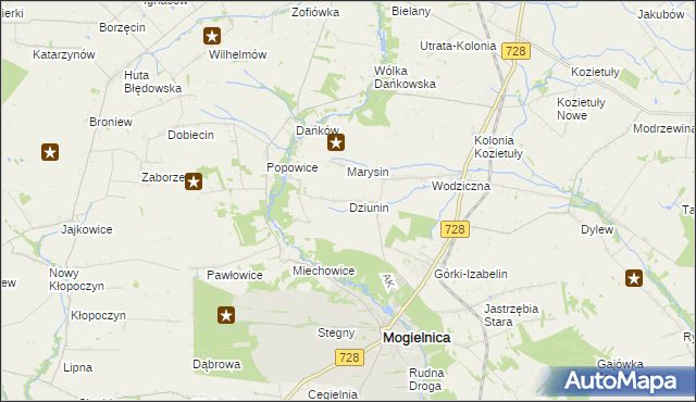 mapa Dziunin gmina Mogielnica, Dziunin gmina Mogielnica na mapie Targeo