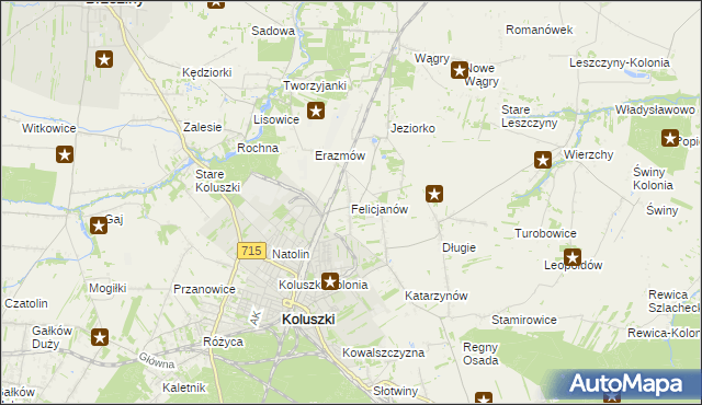 mapa Felicjanów gmina Koluszki, Felicjanów gmina Koluszki na mapie Targeo