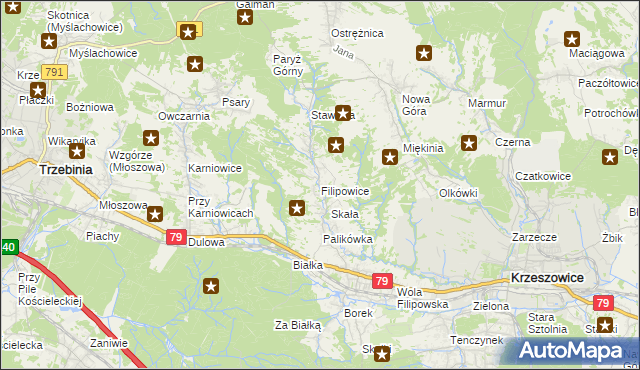 mapa Filipowice gmina Krzeszowice, Filipowice gmina Krzeszowice na mapie Targeo