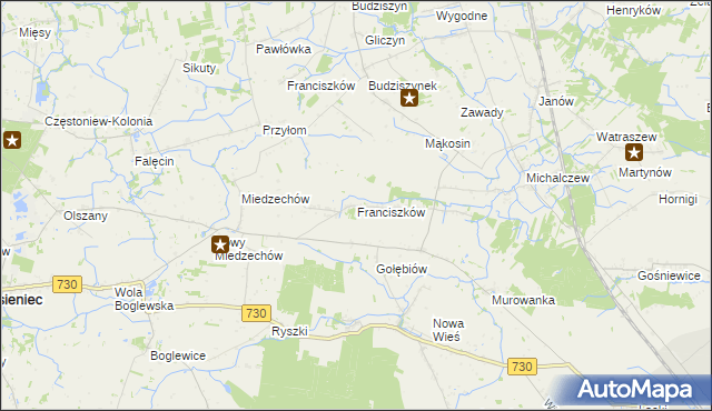 mapa Franciszków gmina Jasieniec, Franciszków gmina Jasieniec na mapie Targeo