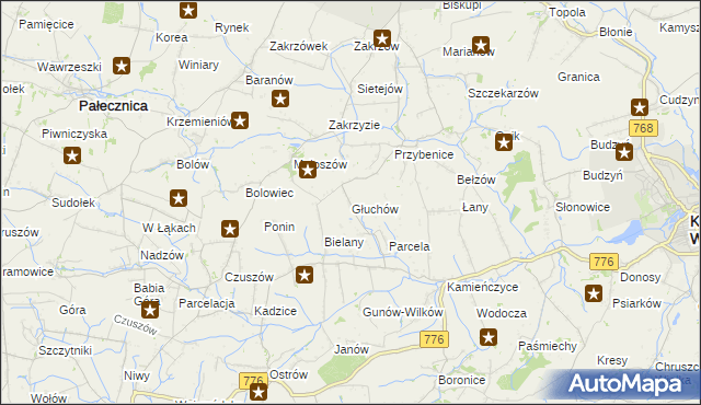 mapa Głuchów gmina Kazimierza Wielka, Głuchów gmina Kazimierza Wielka na mapie Targeo