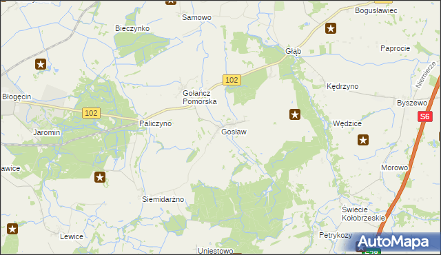 mapa Gosław gmina Trzebiatów, Gosław gmina Trzebiatów na mapie Targeo