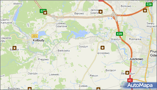 mapa Goszyn gmina Pruszcz Gdański, Goszyn gmina Pruszcz Gdański na mapie Targeo