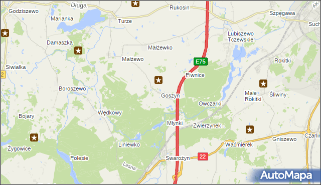 mapa Goszyn gmina Tczew, Goszyn gmina Tczew na mapie Targeo