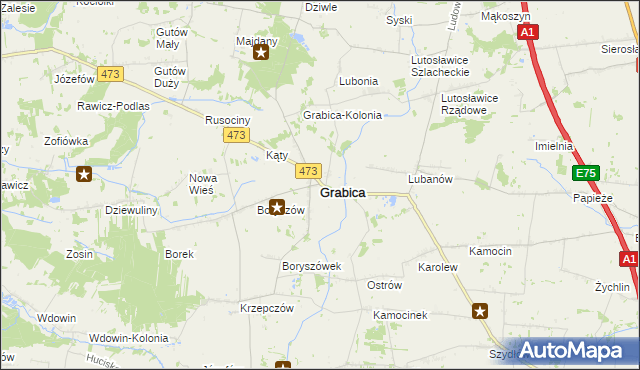 mapa Grabica powiat piotrkowski, Grabica powiat piotrkowski na mapie Targeo
