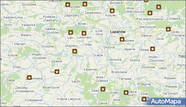 mapa Grabie gmina Łapanów, Grabie gmina Łapanów na mapie Targeo