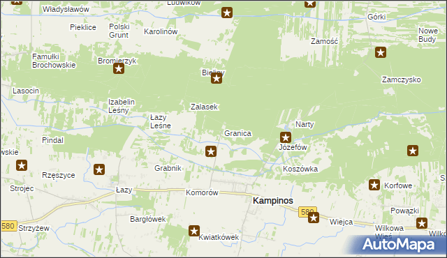 mapa Granica gmina Kampinos, Granica gmina Kampinos na mapie Targeo