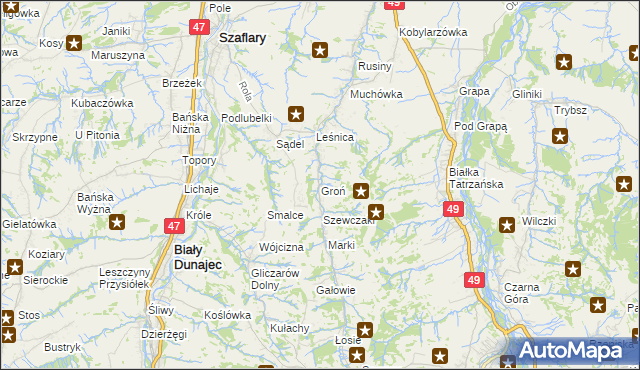 mapa Groń gmina Bukowina Tatrzańska, Groń gmina Bukowina Tatrzańska na mapie Targeo