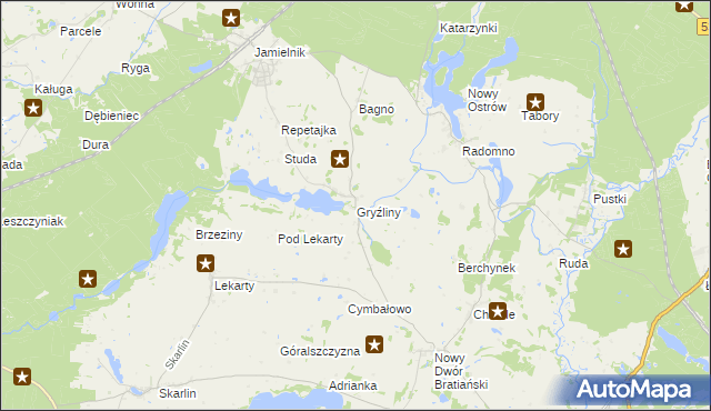 mapa Gryźliny gmina Nowe Miasto Lubawskie, Gryźliny gmina Nowe Miasto Lubawskie na mapie Targeo