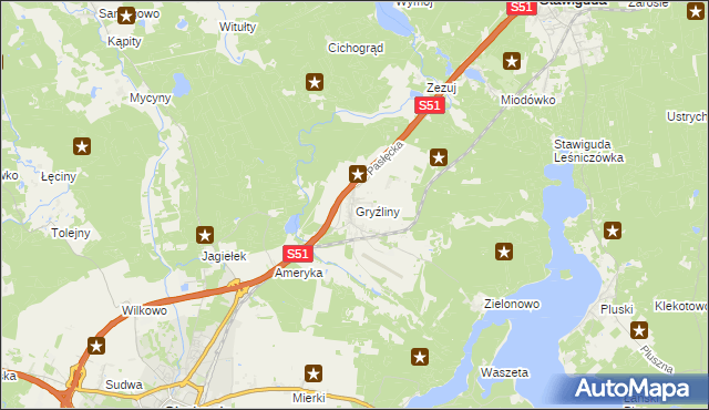 mapa Gryźliny gmina Stawiguda, Gryźliny gmina Stawiguda na mapie Targeo