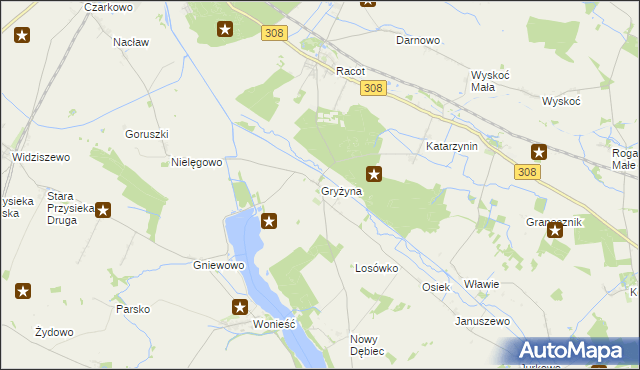 mapa Gryżyna gmina Kościan, Gryżyna gmina Kościan na mapie Targeo