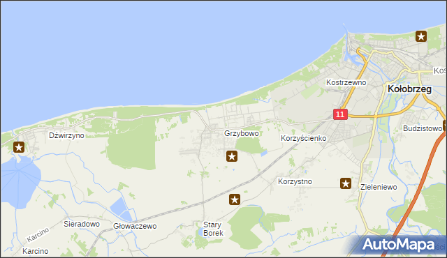 mapa Grzybowo gmina Kołobrzeg, Grzybowo gmina Kołobrzeg na mapie Targeo