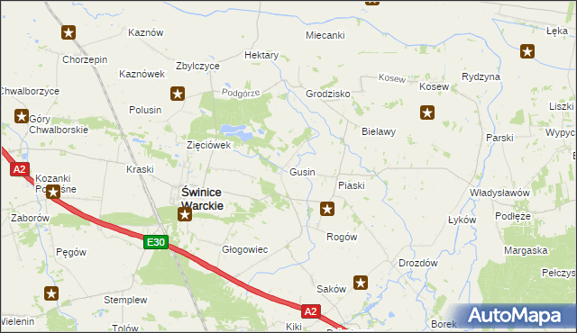 mapa Gusin gmina Świnice Warckie, Gusin gmina Świnice Warckie na mapie Targeo