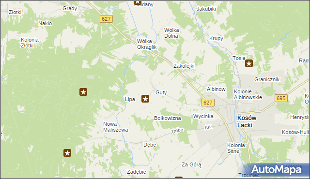 mapa Guty gmina Kosów Lacki, Guty gmina Kosów Lacki na mapie Targeo