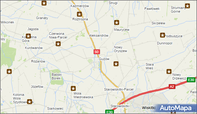 mapa Guzów gmina Wiskitki, Guzów gmina Wiskitki na mapie Targeo