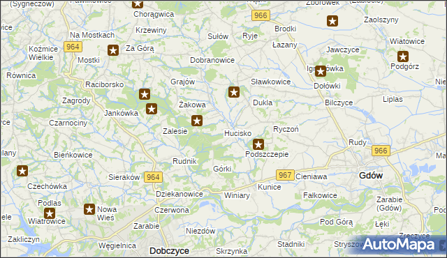 mapa Hucisko gmina Gdów, Hucisko gmina Gdów na mapie Targeo