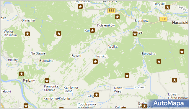 mapa Hucisko gmina Harasiuki, Hucisko gmina Harasiuki na mapie Targeo