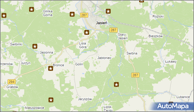 mapa Jabłoniec gmina Jasień, Jabłoniec gmina Jasień na mapie Targeo