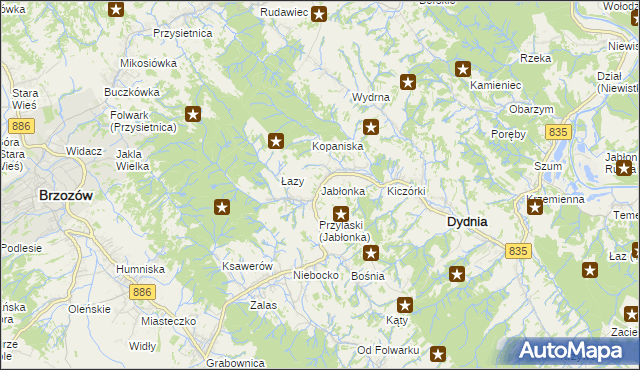 mapa Jabłonka gmina Dydnia, Jabłonka gmina Dydnia na mapie Targeo