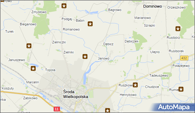 mapa Janowo gmina Środa Wielkopolska, Janowo gmina Środa Wielkopolska na mapie Targeo