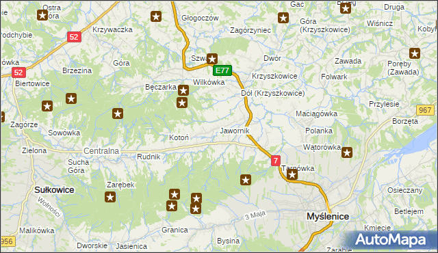 mapa Jawornik gmina Myślenice, Jawornik gmina Myślenice na mapie Targeo