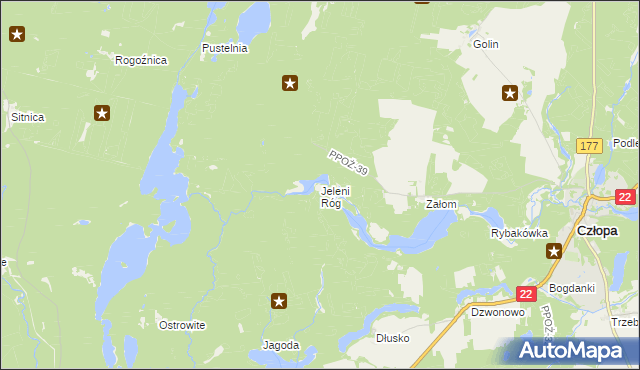 mapa Jeleni Róg gmina Człopa, Jeleni Róg gmina Człopa na mapie Targeo