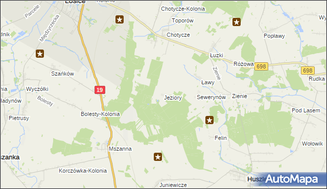 mapa Jeziory gmina Łosice, Jeziory gmina Łosice na mapie Targeo