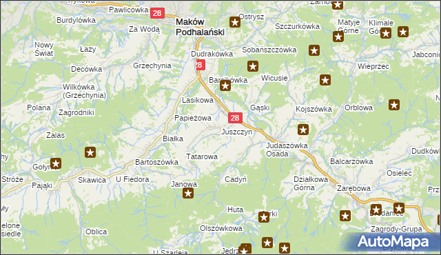 mapa Juszczyn gmina Maków Podhalański, Juszczyn gmina Maków Podhalański na mapie Targeo