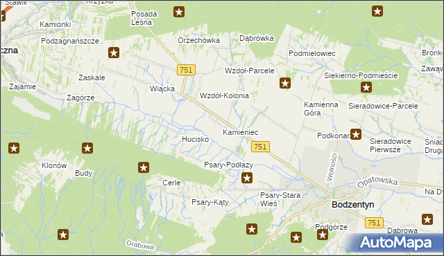 mapa Kamieniec gmina Bodzentyn, Kamieniec gmina Bodzentyn na mapie Targeo