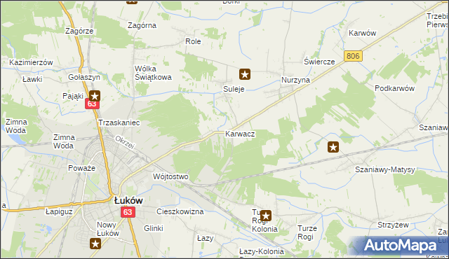 mapa Karwacz gmina Łuków, Karwacz gmina Łuków na mapie Targeo