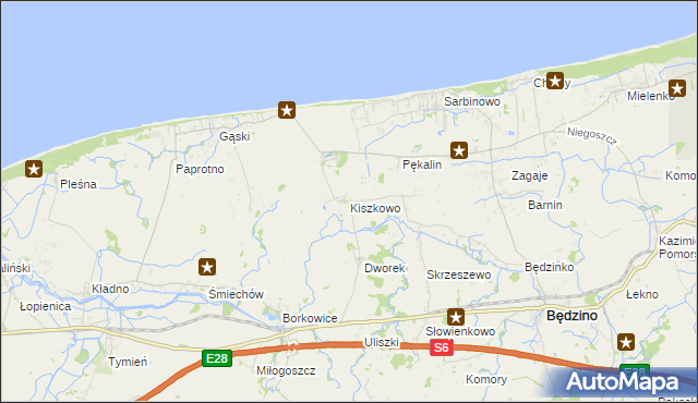 mapa Kiszkowo gmina Będzino, Kiszkowo gmina Będzino na mapie Targeo