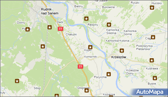 mapa Kopki gmina Rudnik nad Sanem, Kopki gmina Rudnik nad Sanem na mapie Targeo