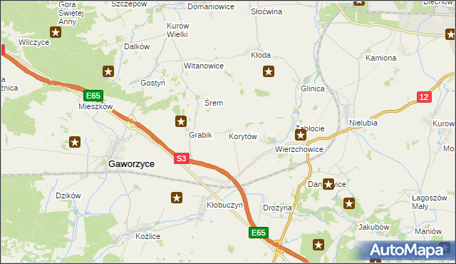 mapa Korytów gmina Gaworzyce, Korytów gmina Gaworzyce na mapie Targeo