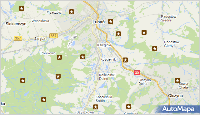 mapa Kościelnik gmina Lubań, Kościelnik gmina Lubań na mapie Targeo