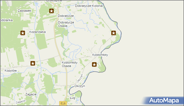 mapa Kostomłoty gmina Kodeń, Kostomłoty gmina Kodeń na mapie Targeo