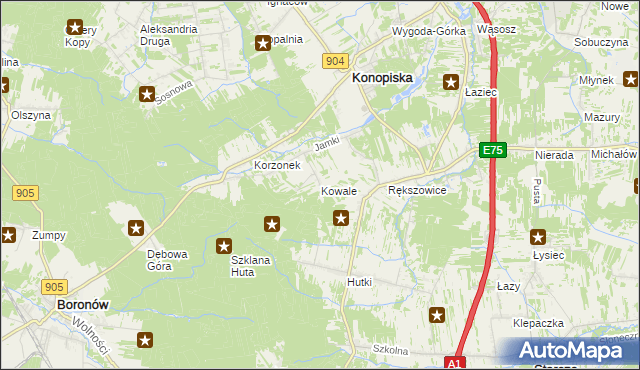 mapa Kowale gmina Konopiska, Kowale gmina Konopiska na mapie Targeo