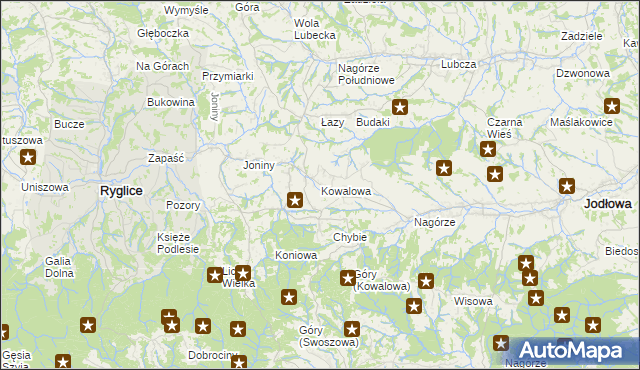 mapa Kowalowa gmina Ryglice, Kowalowa gmina Ryglice na mapie Targeo