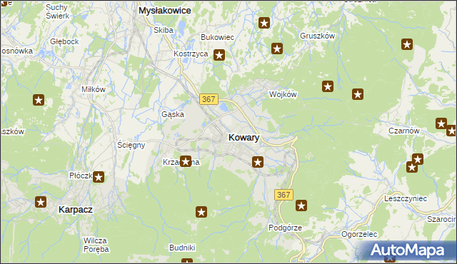 mapa Kowary powiat jeleniogórski, Kowary powiat jeleniogórski na mapie Targeo