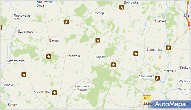 mapa Koziniec gmina Jasionówka, Koziniec gmina Jasionówka na mapie Targeo