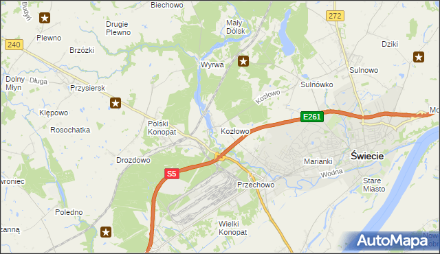 mapa Kozłowo gmina Świecie, Kozłowo gmina Świecie na mapie Targeo