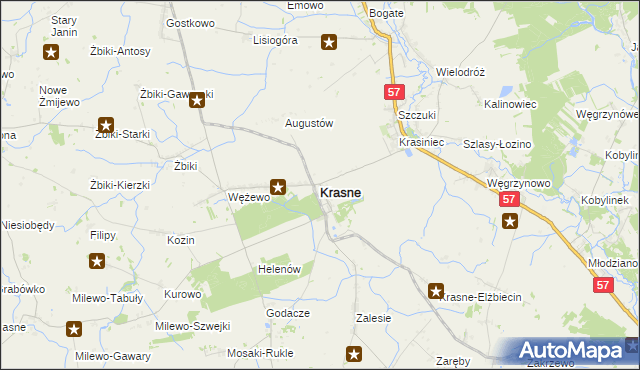 mapa Krasne powiat przasnyski, Krasne powiat przasnyski na mapie Targeo