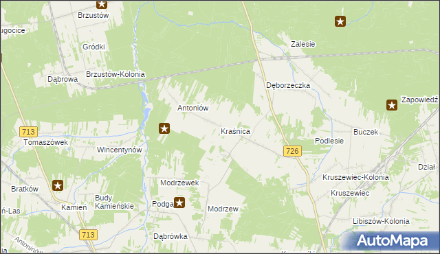 mapa Kraśnica gmina Opoczno, Kraśnica gmina Opoczno na mapie Targeo