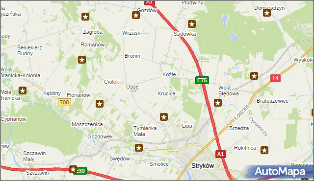 mapa Krucice gmina Stryków, Krucice gmina Stryków na mapie Targeo