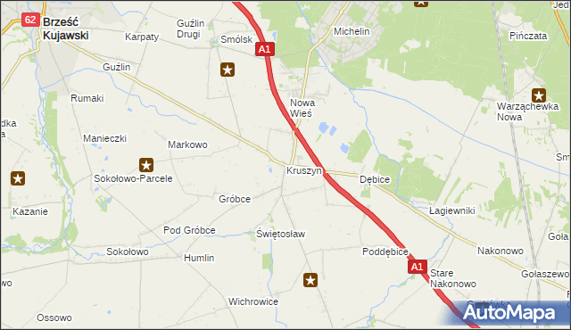 mapa Kruszyn gmina Włocławek, Kruszyn gmina Włocławek na mapie Targeo