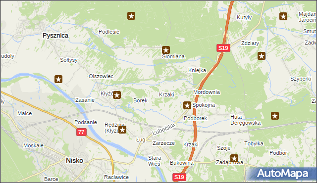 mapa Krzaki gmina Pysznica, Krzaki gmina Pysznica na mapie Targeo