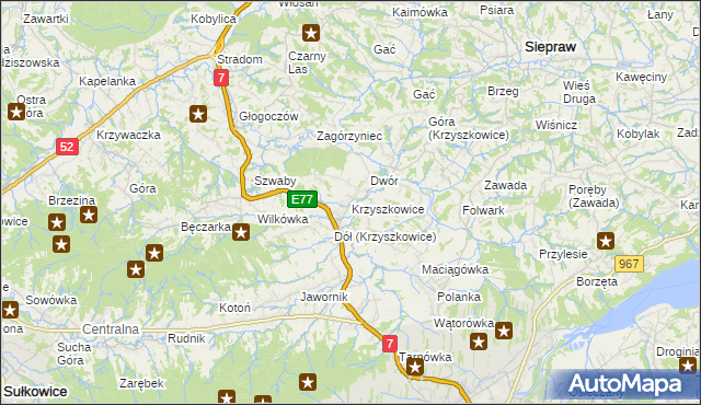 mapa Krzyszkowice gmina Myślenice, Krzyszkowice gmina Myślenice na mapie Targeo