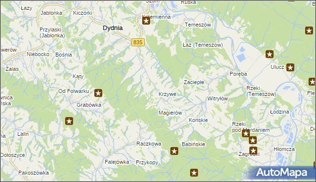 mapa Krzywe gmina Dydnia, Krzywe gmina Dydnia na mapie Targeo