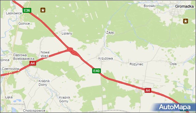 mapa Krzyżowa gmina Gromadka, Krzyżowa gmina Gromadka na mapie Targeo