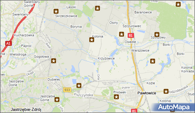 mapa Krzyżowice gmina Pawłowice, Krzyżowice gmina Pawłowice na mapie Targeo