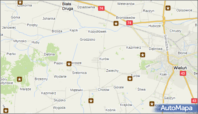 mapa Kurów gmina Wieluń, Kurów gmina Wieluń na mapie Targeo